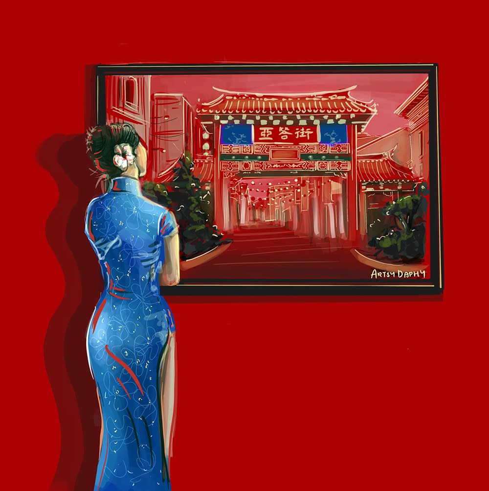 Mural of a Chinese woman looking at a painting of Carpenter Street Kuching