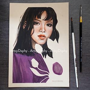 Beautiful Maria Gouache Painting features an asian woman with flowers